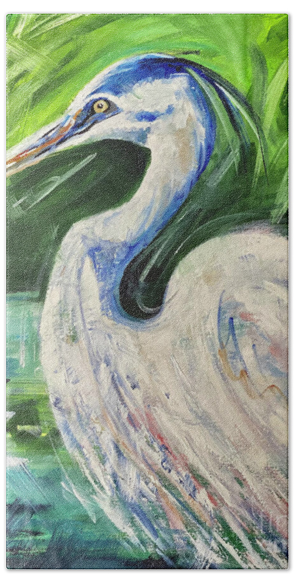Blue Heron Bath Towel featuring the painting Heron by Alan Metzger