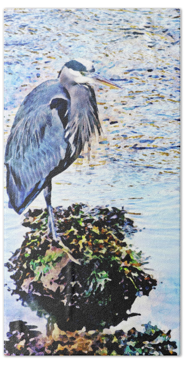 Herons Bath Towel featuring the photograph Heron Fishing at Low Tide Watercolor by Peggy Collins