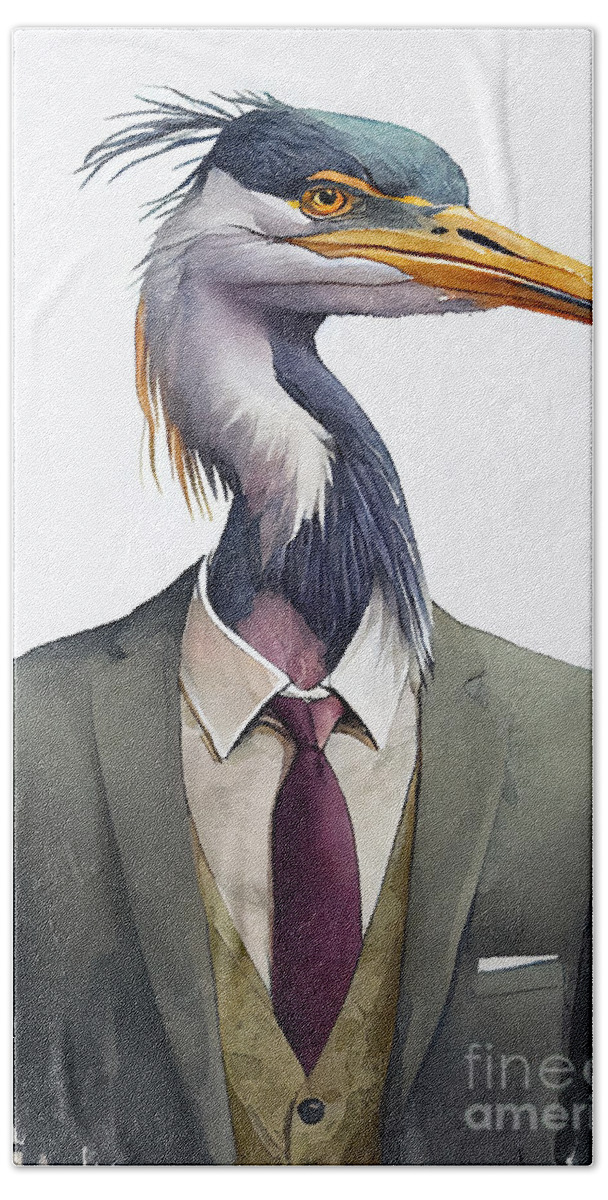 Heron Hand Towel featuring the painting Heron in Suit Watercolor Hipster Animal Retro Costume by Jeff Creation