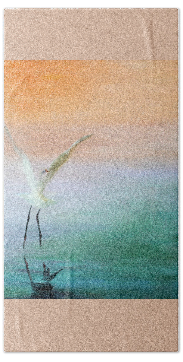 Heron Hand Towel featuring the painting Heron Landing by Tracy Hutchinson