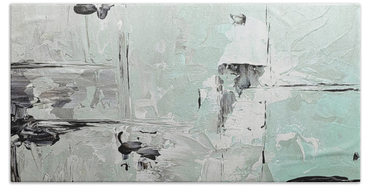 Mint Hand Towel featuring the painting He's Watching Abstract Painting in Mint Green Taupe Black White by Lynnie Lang