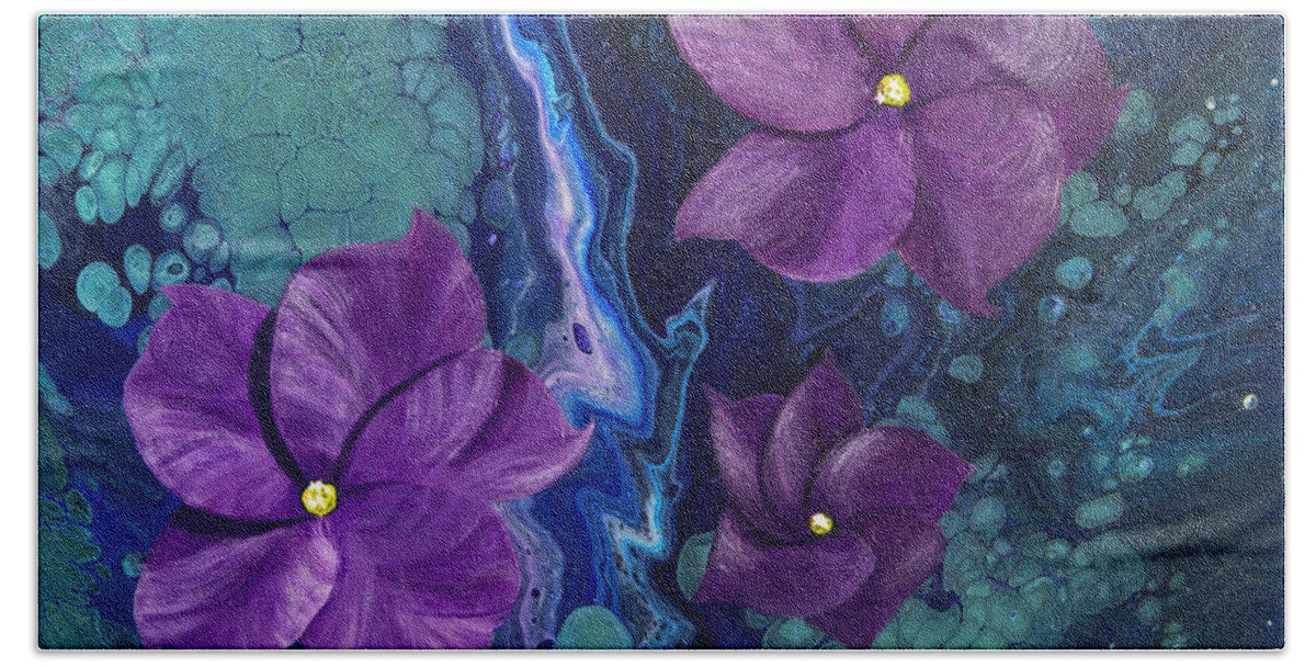 Blue Hibiscus Bath Towel featuring the painting Hi, Biscus by Donna Manaraze