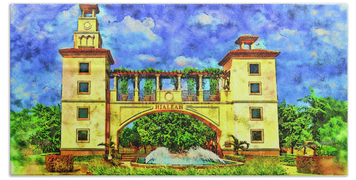 Hialeah Fountain Hand Towel featuring the digital art Hialeah Fountain and Entrance Plaza Park - pen and watercolor by Nicko Prints