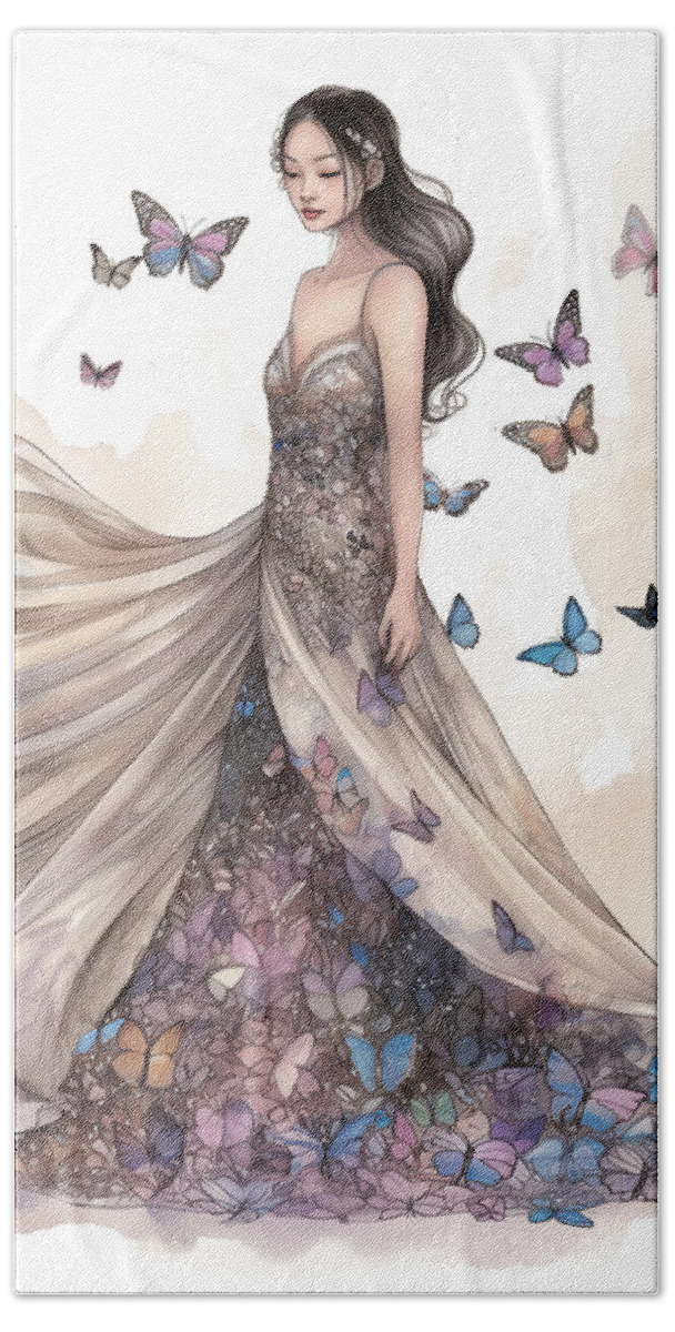 Butterfly fantasy portrait butterflies dress fashion watercolor asian japanese digitalart conceptart color colorful Hand Towel featuring the digital art Hidden by David April