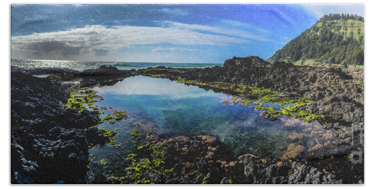 #oregon #pacificocean #pacific #blueskies #cloudy #pnw #pacificnorthwest #shore #rockyshore #tidepools #waves #reflection #panorama Hand Towel featuring the photograph Hidden Oasis by Bryan Smedley