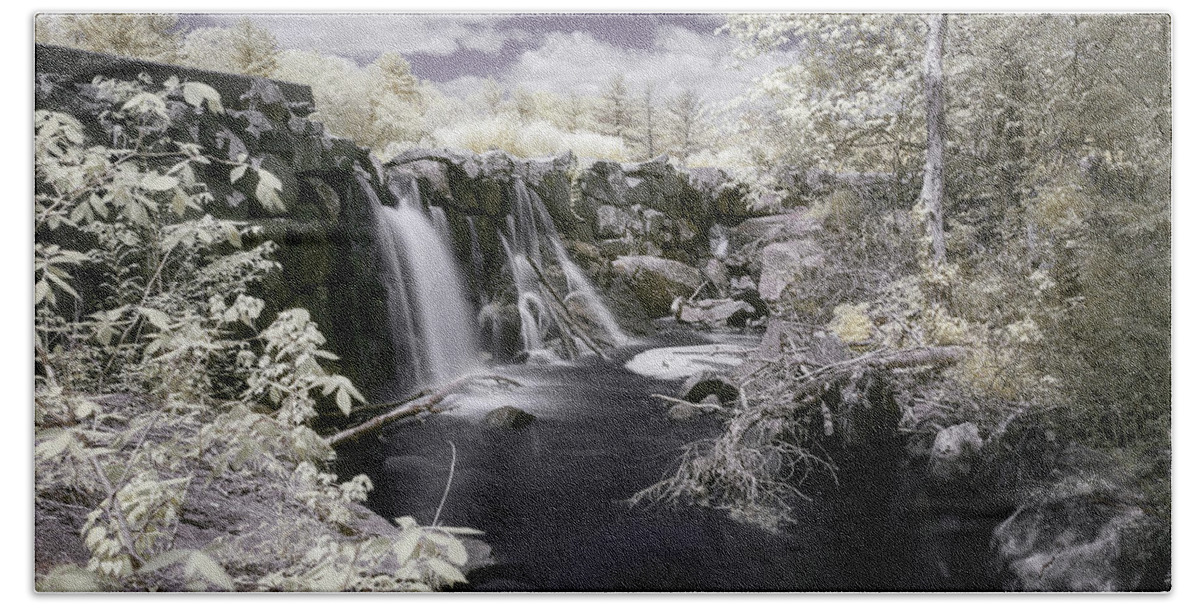 Hidden Waterfall Oxford Ma Mass Massachusetts New England Sky Outside Nature Outdoors Infrared Ir Bath Towel featuring the photograph Hidden Waterfall in infrared 3 by Brian Hale