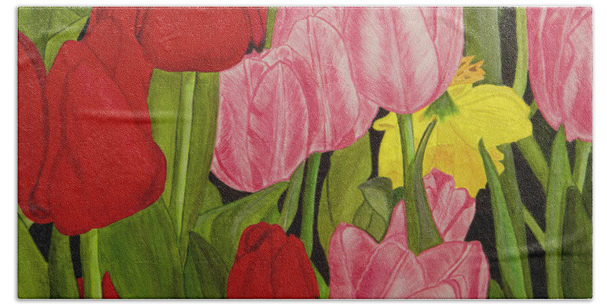 Tulips Hand Towel featuring the painting Hide 'n Seek by Donna Manaraze