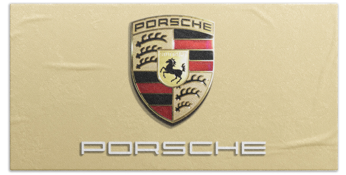 Porsche-logo Bath Towel featuring the photograph High Res Quality Porsche Logo - Hood Emblem Isolated on Colorful Red Background by Stefano Senise