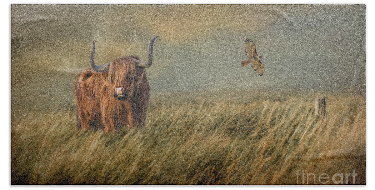 Highland Cow Hand Towel featuring the mixed media Highland Cow with Hawk by Kathy Kelly