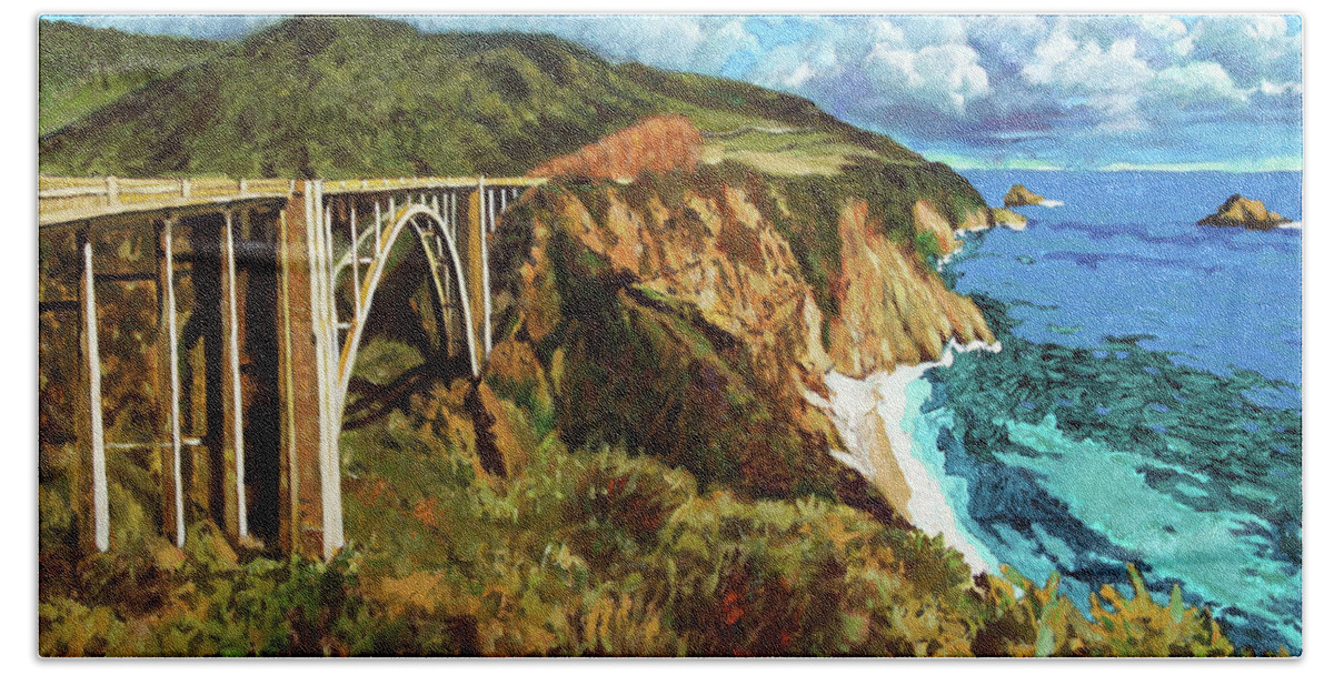 Highway One Bath Towel featuring the painting Highway 1 Bridge by John Lautermilch