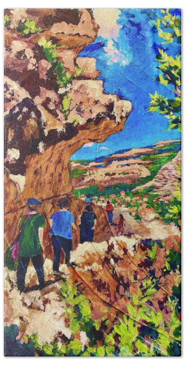 Hiking For A Cause Hand Towel featuring the painting Hiking time by Ray Khalife