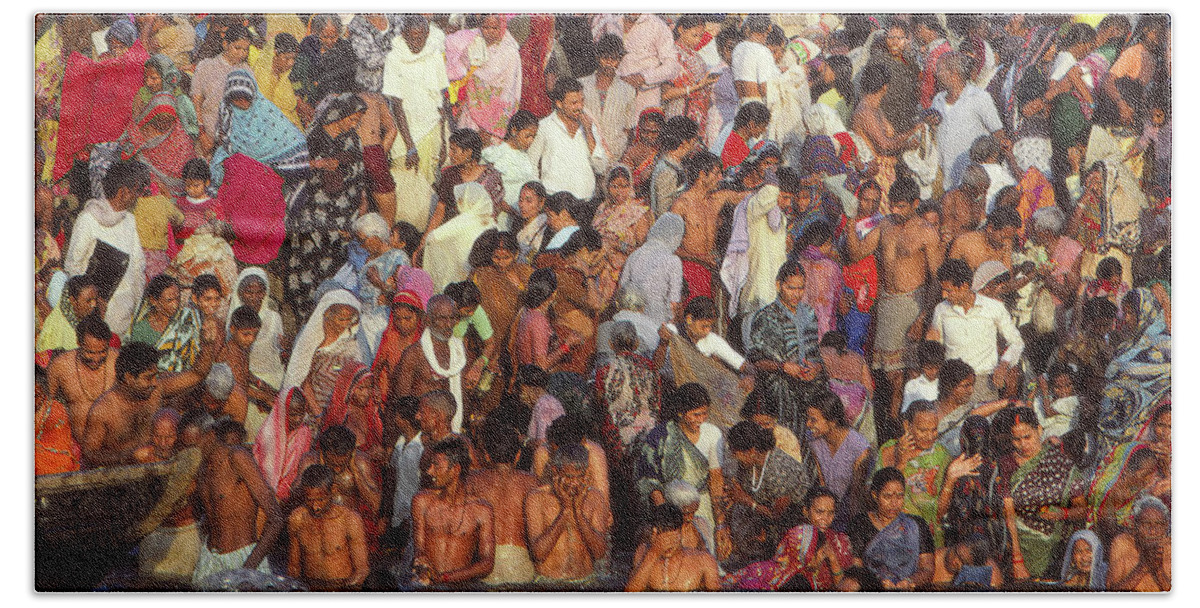 River Hand Towel featuring the photograph Hindu pilgrims bathe in the Ganges by Steve Estvanik