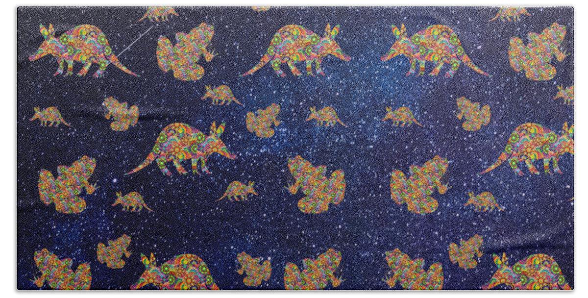 Hippie Bath Towel featuring the digital art Hippie Aardvarks and Frogs in Outer Space by Ali Baucom