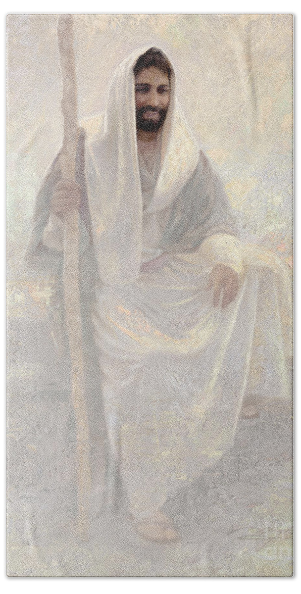 Jesus Hand Towel featuring the painting His Watchful Eye by Greg Olsen