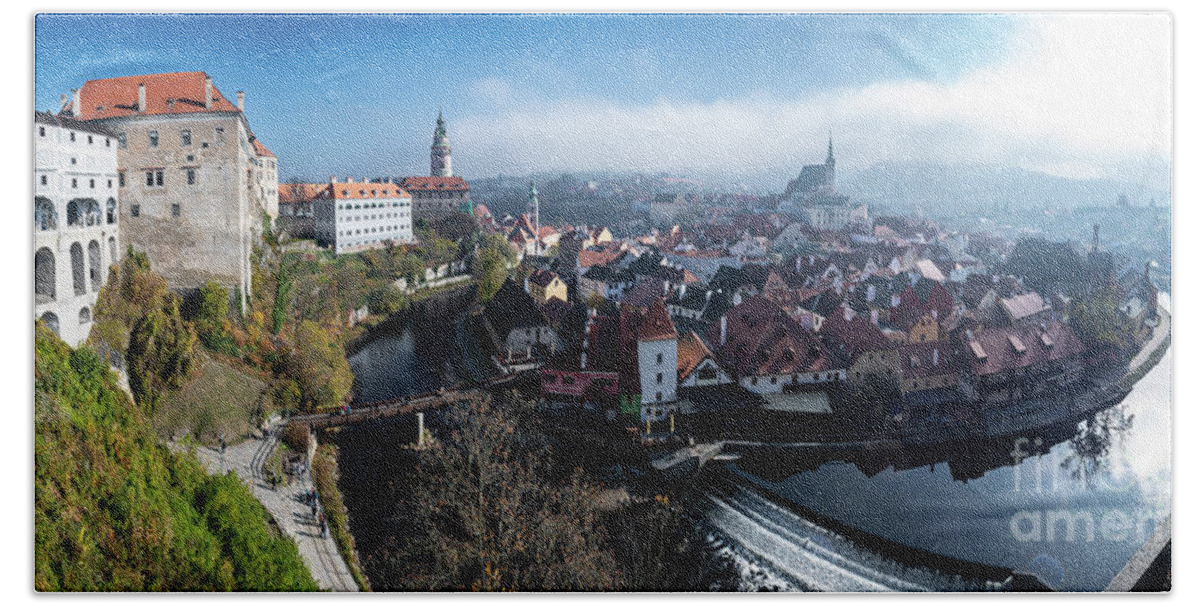 Czech Republic Bath Towel featuring the photograph Historic City Of Cesky Krumlov In The Czech Republic In Europe by Andreas Berthold