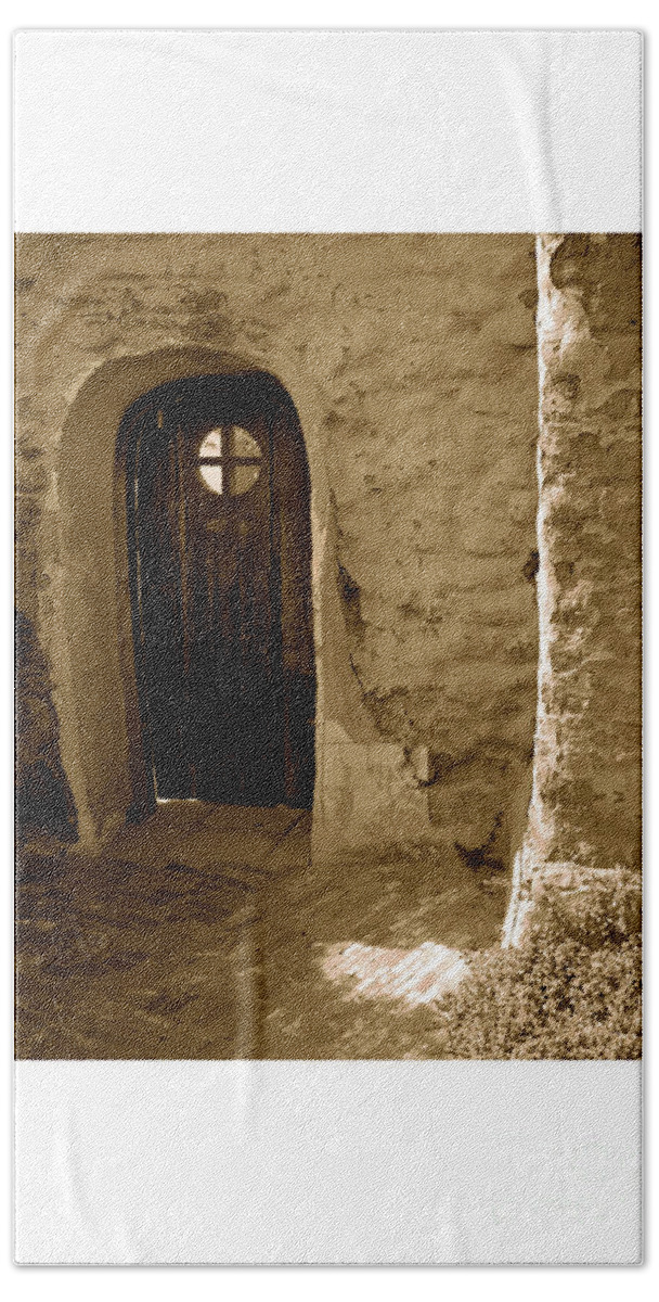 San Juan Capistrano Mission Bath Towel featuring the photograph Historic Door to Grounds at Mission by Catherine Walters