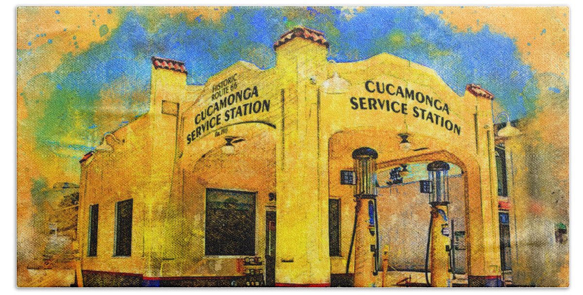 Cucamonga Service Station Bath Towel featuring the digital art Historic Route 66 Cucamonga Service Station, in Rancho Cucamonga, California by Nicko Prints