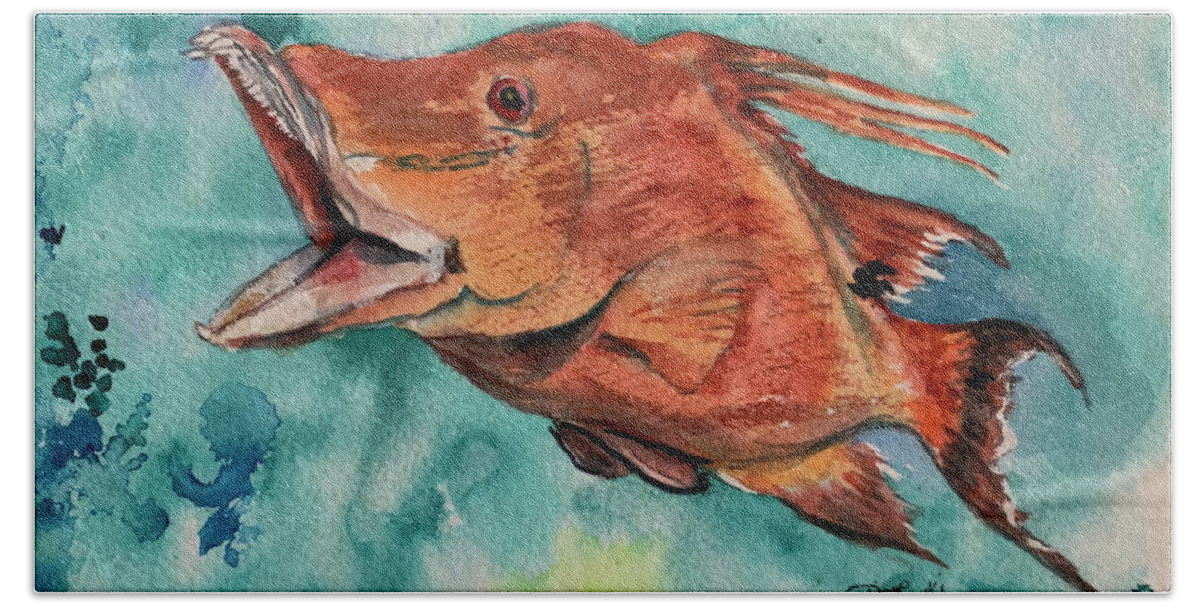 Fish Bath Towel featuring the painting Hog fish by Diane Ziemski
