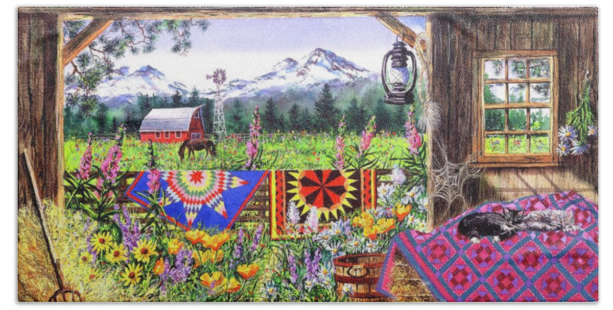 Barn Bath Towel featuring the painting Hole in the Barn Door by Diane Phalen