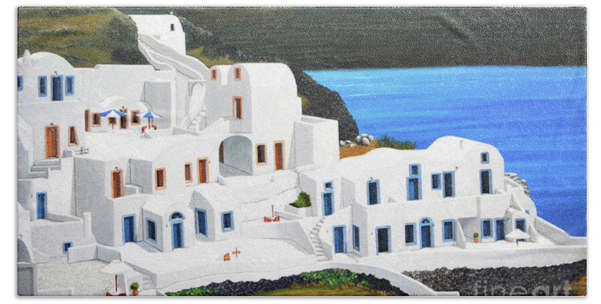 Santorini Bath Towel featuring the painting Holiday In Santorini by Mary Grden