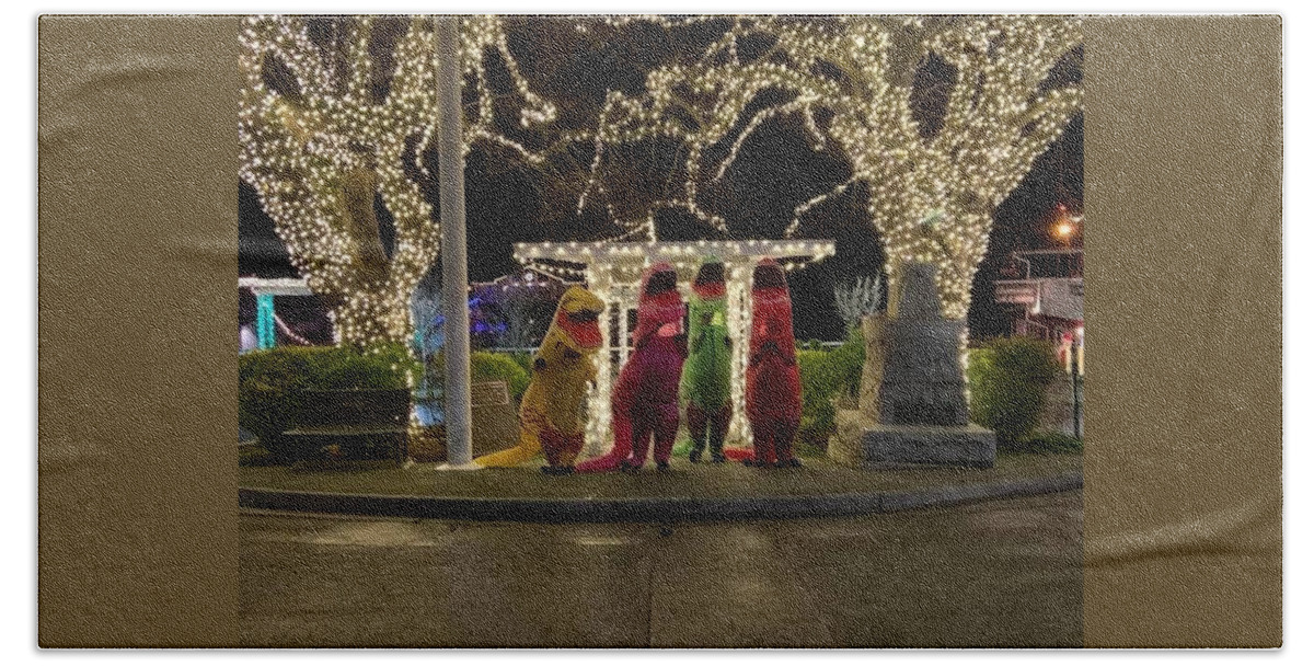 T-rex Hand Towel featuring the photograph Holiday Lights and T-Rexes by Brenna Woods