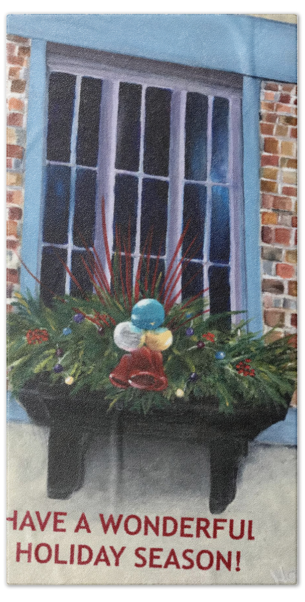 Christmas Bath Towel featuring the painting Holiday Window Box by Deborah Naves