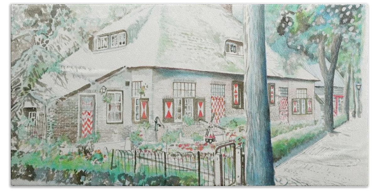 #holland #house #hollandhouse #watercolor #watercolorpainting #strawroof #traditionalhome #glenneff #thesoundpoetsmusic #picturerockstudio #dutch #dutchhouse Hand Towel featuring the painting Holland House by Glen Neff