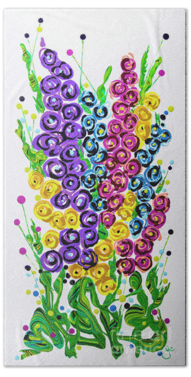 Abstract Flower Painting Hand Towel featuring the painting Hollyhocks Blast by Jane Crabtree