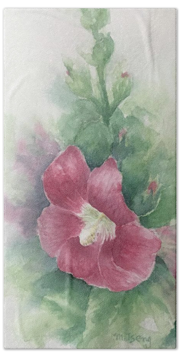 Hollyhocks Hand Towel featuring the painting Hollyhocks by Milly Tseng