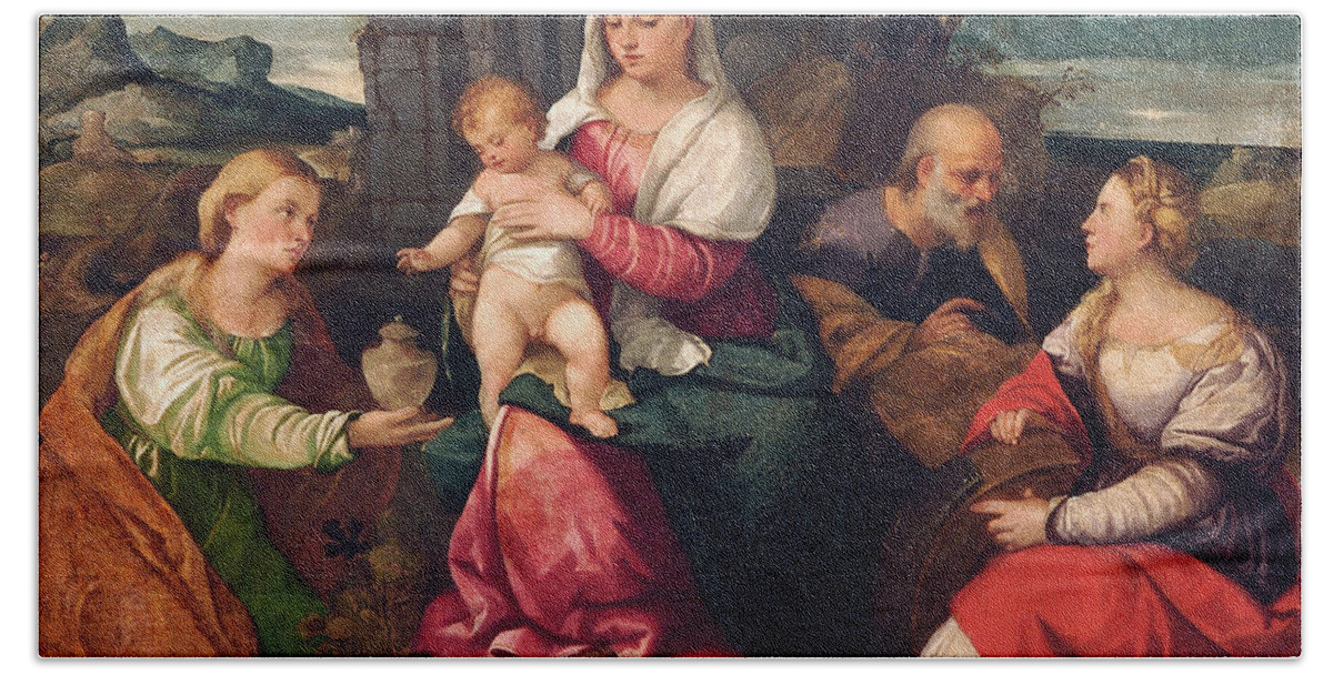 Holy Family With Mary Magdalene And St Catherine Bath Towel featuring the painting Holy Family with Mary Magdalene and St Catherine by Bonifazio Veronese