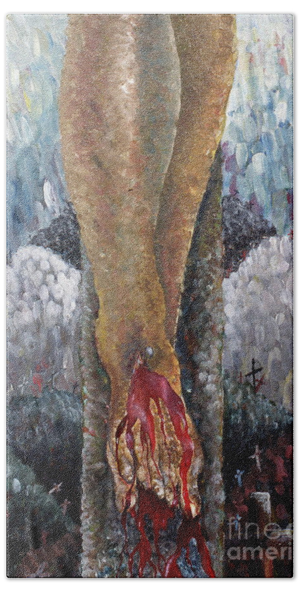 Feet On The Cross Hand Towel featuring the painting Holy Feet by Pamela Henry