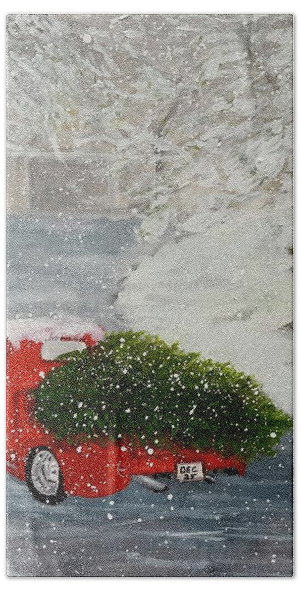 Red Truck Hand Towel featuring the painting Home For Christmas by Juliette Becker