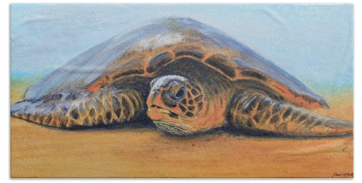 Sea Turtle Hand Towel featuring the painting Honu by Carol McCarty