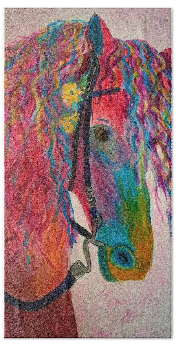 Pink Hand Towel featuring the painting Horse of a Different Color by Anne Sands