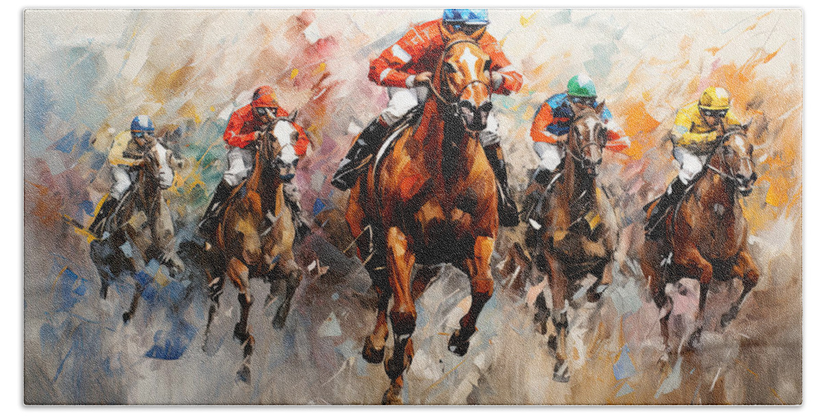 Horse Racing Hand Towel featuring the painting Horse Racing Colorful Abstract by Lourry Legarde