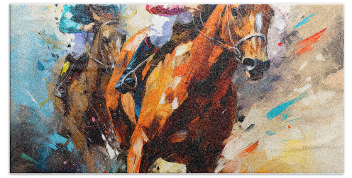 Horse Racing Bath Towel featuring the digital art Horse Racing III - Colorful Horse Racing Artwork by Lourry Legarde