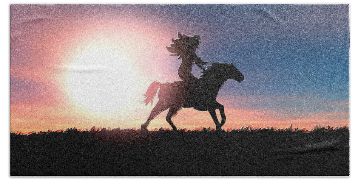 Horse Bath Towel featuring the painting Horse Rider Sunset The West by Tony Rubino