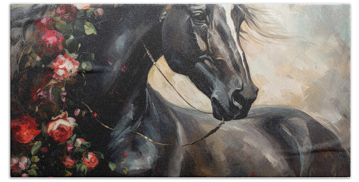 Horse With Roses Bath Towel featuring the painting Horse with Flowers Paintings by Lourry Legarde