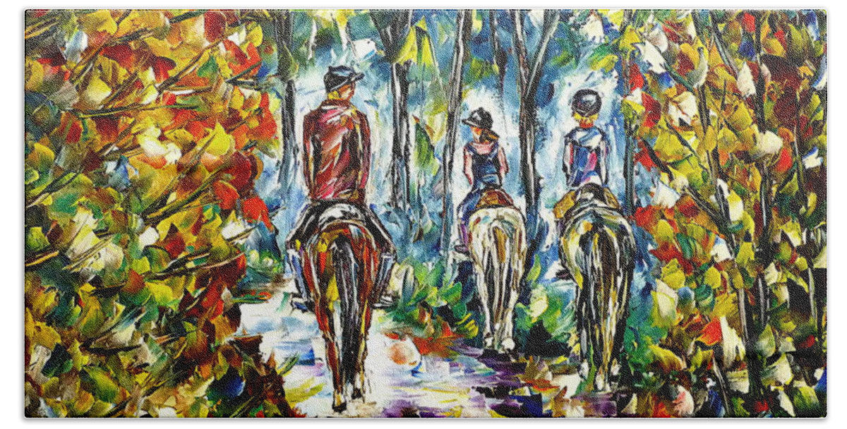 Family Ride Bath Towel featuring the painting Horseback Ride by Mirek Kuzniar