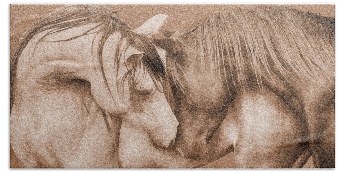 Nuzzling Horses Hand Towel featuring the digital art Horses Nuzzling Sepia Tones by Steve Ladner