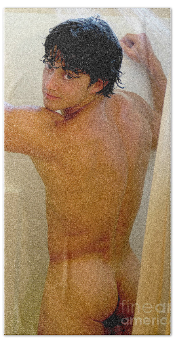 Nude Hand Towel featuring the photograph Hot naked man in the shower by Gunther Allen