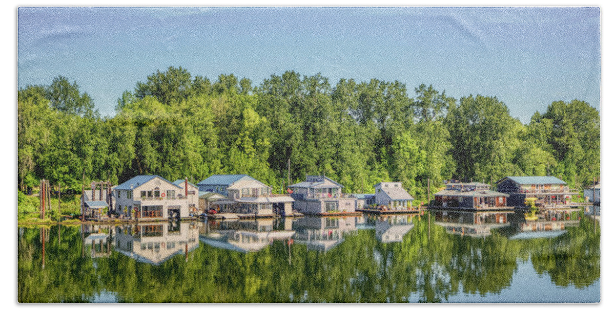 Boat Hand Towel featuring the photograph House boats on the channel by Loyd Towe Photography