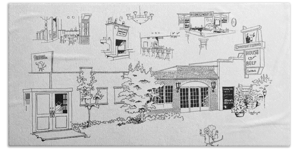 Line Drawing Bath Towel featuring the drawing House of Beef by William Renzulli