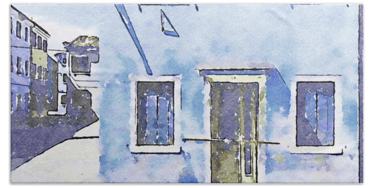 House Bath Towel featuring the mixed media House with Blue Shutters by Shelli Fitzpatrick