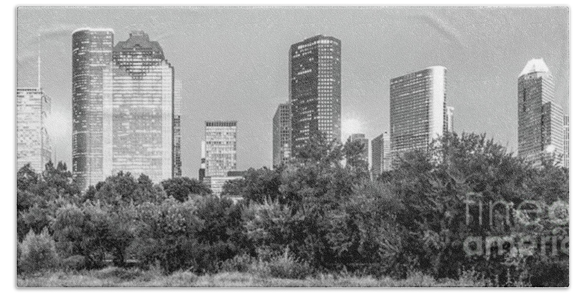 America Bath Towel featuring the photograph Houston Skyline at Night Black and White Panorama Photo by Paul Velgos