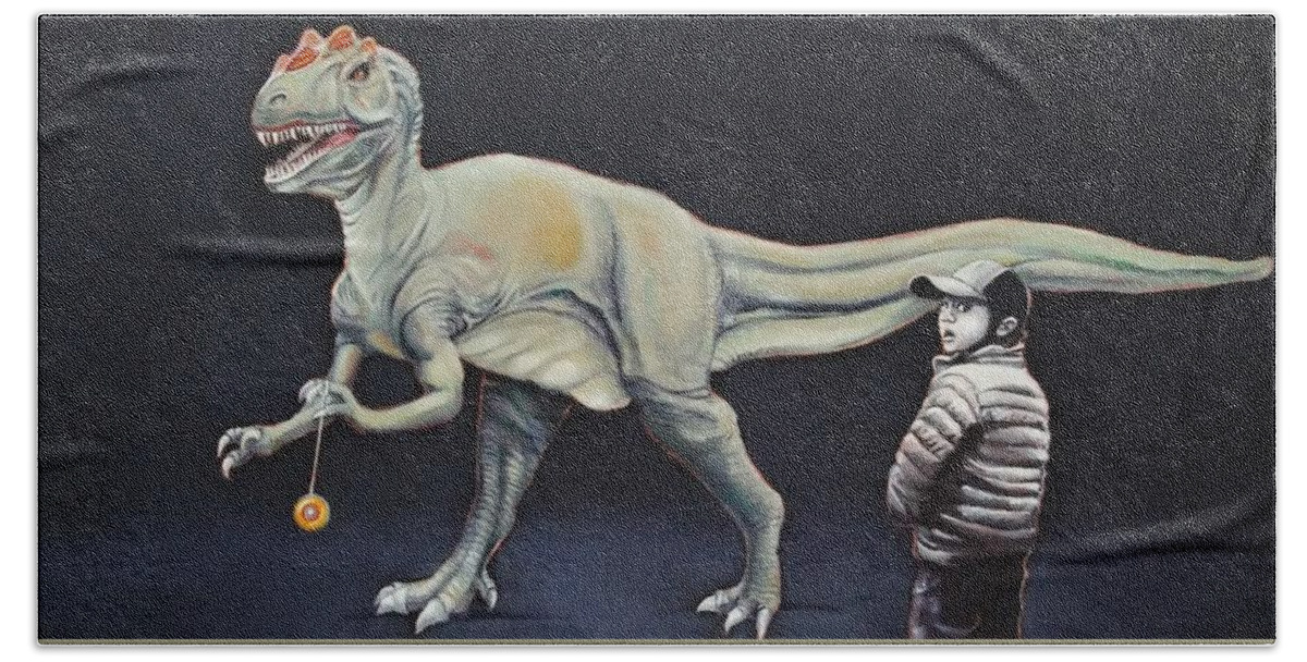 Dinosaur Hand Towel featuring the painting How My Brother Lost His Yo-Yo by Jean Cormier