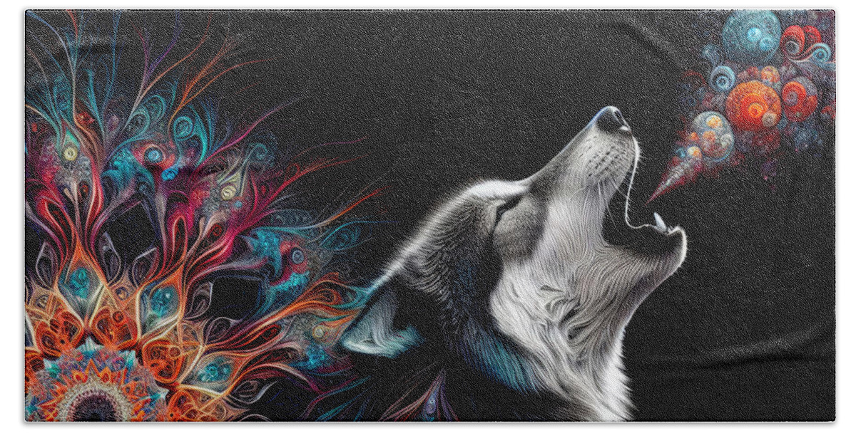 Wolf Bath Towel featuring the digital art Howling Mandala Melody by Bill and Linda Tiepelman