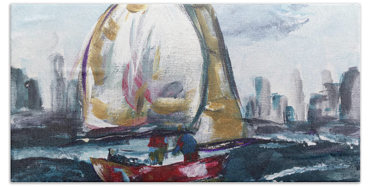 Big Sail Bath Towel featuring the painting Hudson Sailing by Roxy Rich