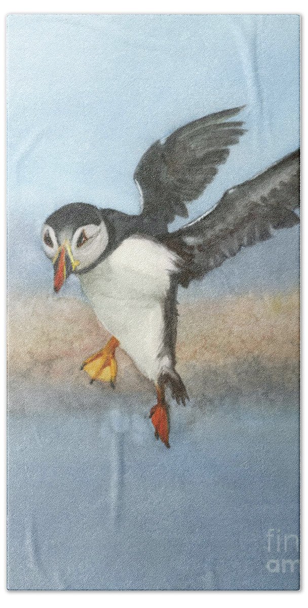 Bird Bath Towel featuring the painting Huffing and Puffin by Vicki B Littell