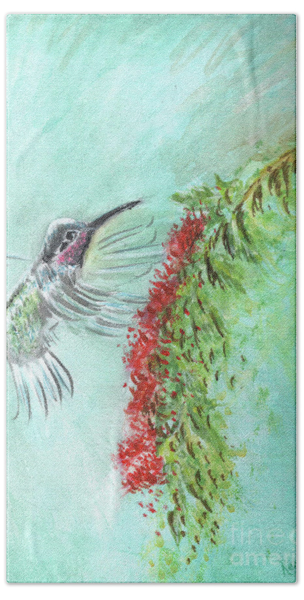 Humming Bird Hand Towel featuring the painting Humming Bird Painting by Remy Francis